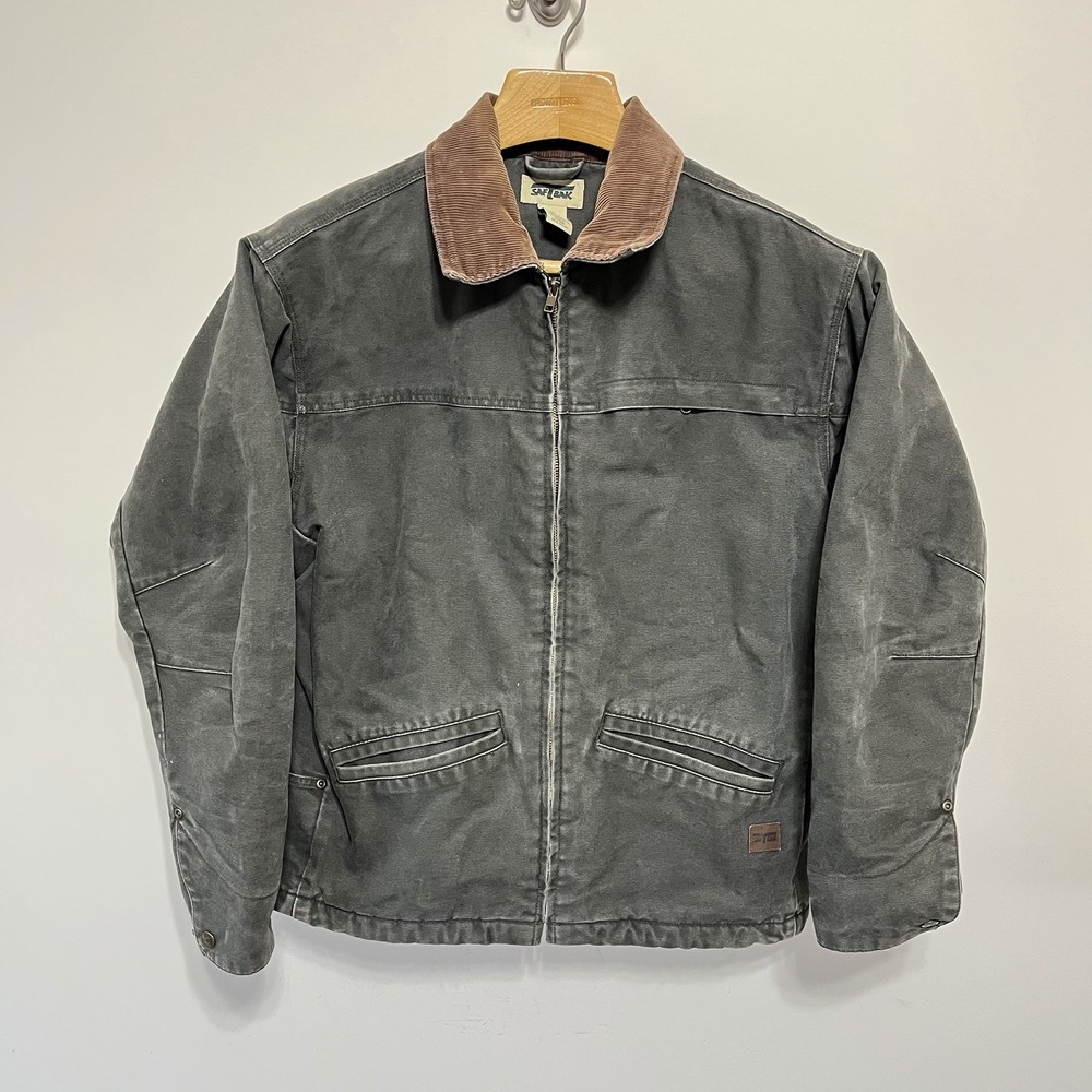 Vintage SafTbak Canvas Work Jacket Corduroy Collar Distressed Faded Gray M Hunt